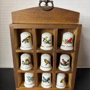 Vintage Porcelain Bird Motif Thimbles w/the small wood shadow shelf pre-owned